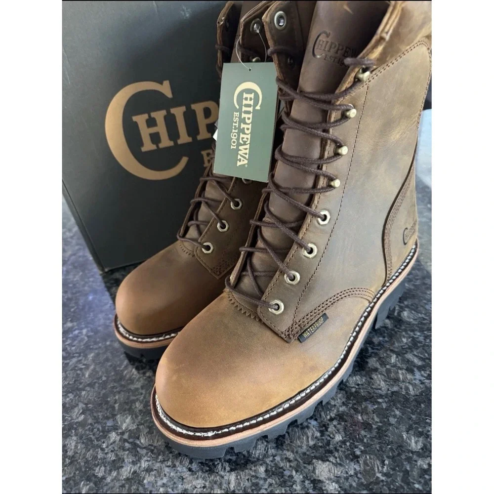 Chippewa Mens Waterproof Leather Logger Work Boots Brown Vibram Sole New 12 EEE